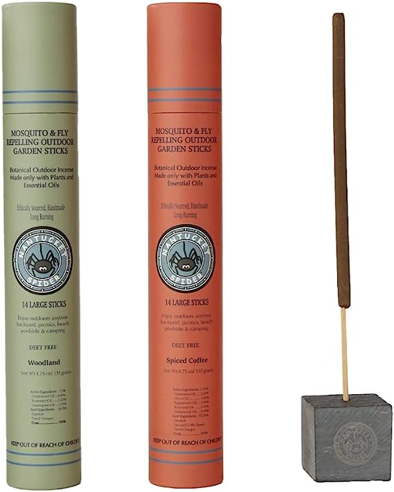 Nantucket Spider Mosquito & Fly Repelling Outdoor Garden Incense Sticks Bundle | 2 Pack (28 Sticks) & Artisanal Stone Block Incense Holder (1ct) | Woodland (14 Sticks) & Spiced Coffee (14 Sticks)