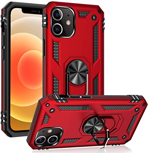 ADDIT Phone Case for iPhone 12 Pro Max, Military Grade Protective iPhone 12 Pro Max Cases Cover with Ring Car Mount Kickstand for iPhone 12 Pro Max 6.7" - Red