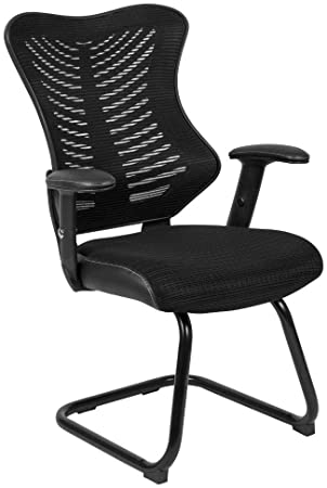 Flash Furniture Designer Black Mesh Sled Base Side Reception Chair with Adjustable Arms