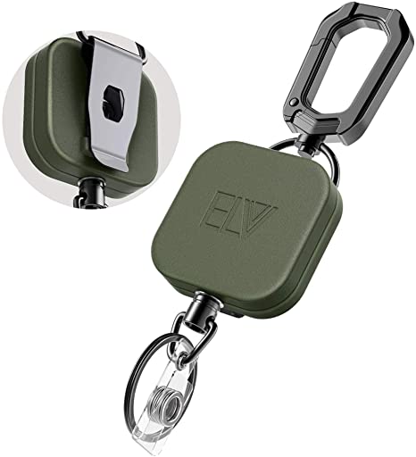 ELV Retractable ID Badge Holder, Heavy Duty Metal Body and Steel Cord, Carabiner Key Chain Metal Keychain with Belt Clip and 24 inch Wire Extension, Hold Up to 15 Keys and Tools