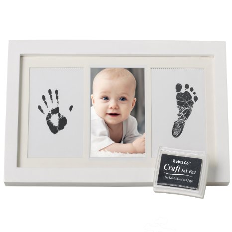 PRECIOUS BABY HANDPRINT and Footprint Frame Kit - Baby Prints Photo Keepsake in White with Non-Toxic Ink Pad - Quality Wood Frame With Safe Acrylic Glass - Great Baby Gift For Baby Registry