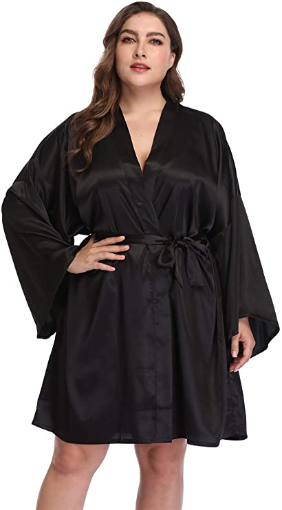 Women's Plus Size Satin Robes Short Silky Bathrobes Bridesmaid Party Dressing Gown