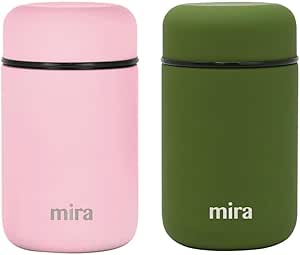 MIRA 2 Pack Insulated Food Jar Thermos for Hot Food & Soup, Compact Stainless Steel Vacuum Lunch Container, 13.5 oz, Pink, Olive Green