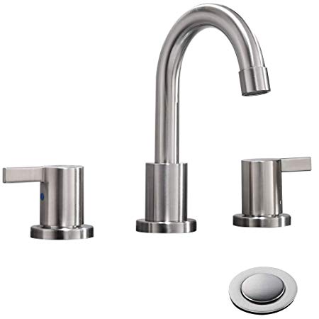 Phiestina Two Handle 3 Hole 8 inch Widespread Bathroom Faucet with Metal Pop-Up Drain, Brushed Nickel, WF015-1-BN