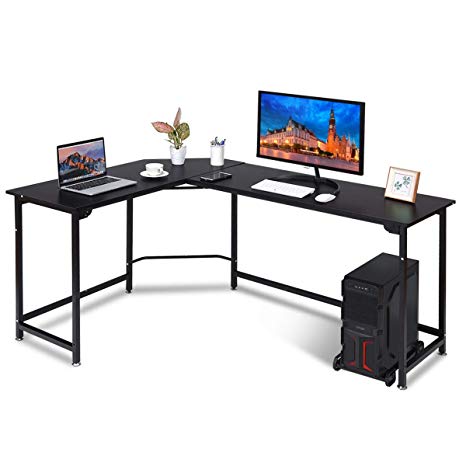 Tangkula Computer Desk L-Shaped Corner Writing Table Smooth Top Home Office Workstation Modern Study Laptop Desk with CPU Stand (Black)