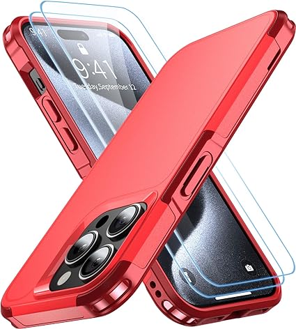 AEDILYS Shockproof for iPhone 15 Pro Case,[18 FT Military Grade Drop Protection],with 2X[Tempered Glass Screen Protector ] with Air Bumpers Full-Body Protective Phone Case, Red