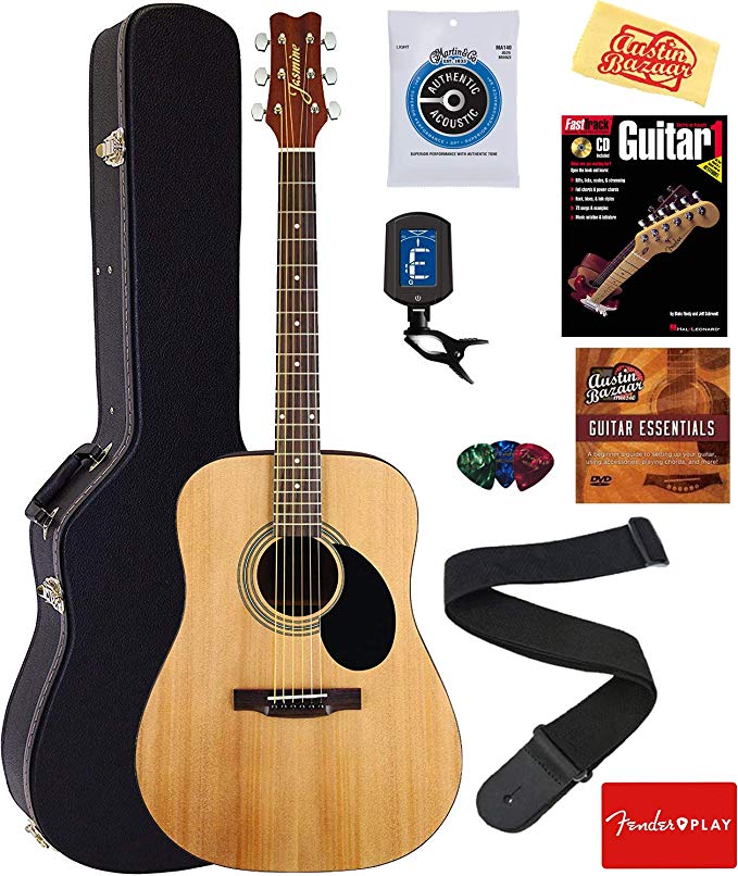 Jasmine S35 Acoustic Guitar - Natural Bundle with Hard Case, Strings, Tuner, Strap, Picks, Instructional Book, DVD, and Austin Bazaar Polishing Cloth