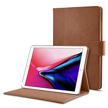 Spigen Stand Folio iPad 9.7 Case Multi-Functional Premium Leather Stand with Pocket Hand strap with Auto Sleep and Wake Function for Apple iPad 9.7 Inch 2017 - Brown