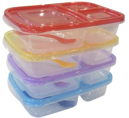 Health & Diet Premium 3 Compartment Multicolor Plastic Bento Lunch Box, Container for Food Storage, Portion control with free Matching Combi Spoon/Fork Set of 4. For Kids & Adults.