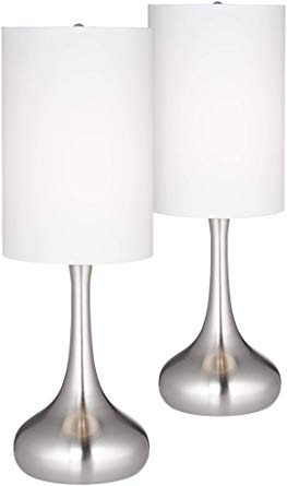 Modern Table Lamps Set of 2 Brushed Steel Droplet White Cylinder Shade for Living Room Family Bedroom Bedside Office - 360 Lighting