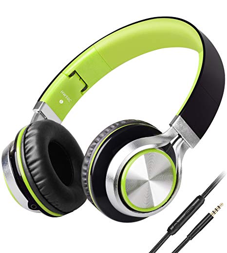 Biensound HW50C Headphones with Microphone and Volume Control Foldable Lightweight Headset for iPhone iPad Tablets Smartphones Laptop Computer PC Mp3/4 (Black/Green)