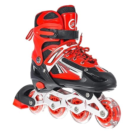 NPI 4 Wheel Inline Skates Skating Shoes for Boys and Girls Age 10 to 20 Years Liner Roller Skates for Kids Shoes Roller Blades PU Strong Wheels Aluminium with LED Flash Light on Wheels (Red)