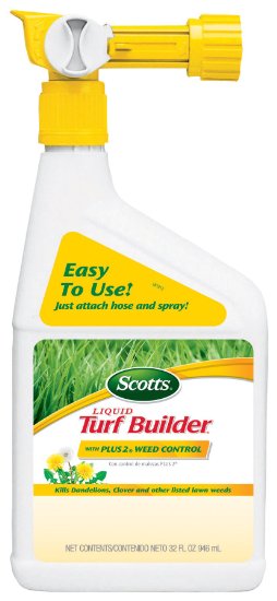 Scotts Liquid Turf Builder Lawn Fertilizer with Plus 2 Weed Control (Liquid Lawn Fertilizer plus Dandelion, Clover & Other Lawn Weed Killer) 32oz