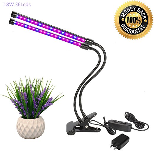 Dual Head LED Grow Light Lamp 18W Dimmable 4 Levels Double Adjustable 360 Degree Flexible Gooseneck Clip Desk Plant Grow Lights Bulbs for Indoor Plant Office Hydroponics Greenhouse Gardening