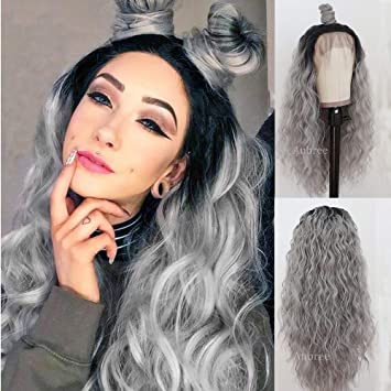 Aubree Long Curly Synthetic Lace Front Wigs Black Grey Ombre Color Curly Wigs with Natural Baby Hair Heat Resistant Synthetic Lace Wigs for Fashion Women