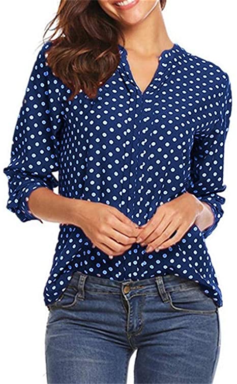 NREALY Blusa Womens Polka Dot 3/4 Sleeve Blouse Tops Ladies Casual Office Work V Neck T-Shirt