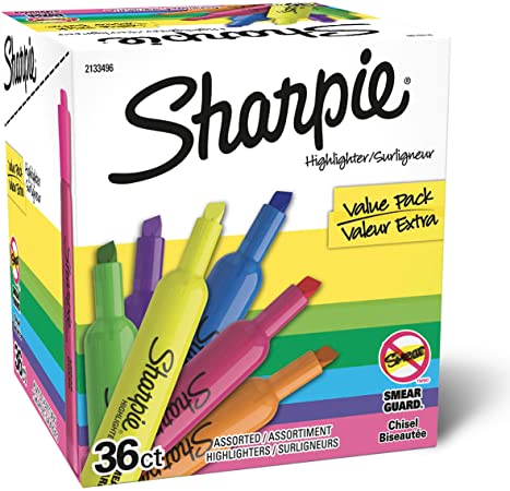 Sharpie Tank Highlighters, Chisel Tip, Assorted Color Highlighters, Value Pack, 36 Count