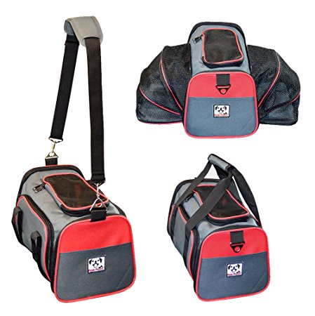 Expandable Airline Approved IATA Carry On Travel Pet Dog Cat Soft-Sided Carrier Bag w/ Fleece Bed - Charcoal (Trim: Red,Green,Black,Blue - Sizes: Small(16x9x9), Medium(18x11x11), Large(19x12x12)