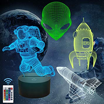 FULLOSUN Outer Space Gifts, 3D Alien Night Light for Kids (4 Patterns) with Remote 16 Colors Changing Dimmable Function, Christmas for Space Fan Kids Child