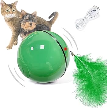 Kingtree Automatic Rolling Ball for Cats, Smart Interactive Cat Toy Ball with Light & Feather, USB Rechargeable Automated Moving Ball Pet Chasing Toy for Indoor Cats Kittens Stimulate Hunting Instinct