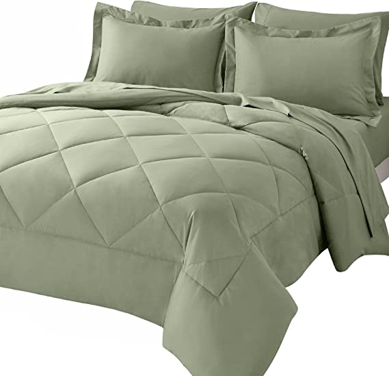 CozyLux Full/Queen Comforter Set with Sheets 7 Pieces Bed in a Bag Sage Green All Season Bedding Sets with Comforter, Pillow Shams, Flat Sheet, Fitted Sheet and Pillowcases