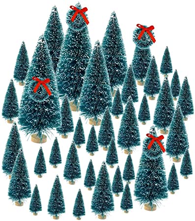 49PCS Artificial Mini Christmas Trees,Christmas Mini Table Tree,Mini Sisal Snow Frost Trees Bottle Brush Trees Mini Christmas Tree Pine Tree for DIY Room Decor Home Table Top Decoration (Blue-2)