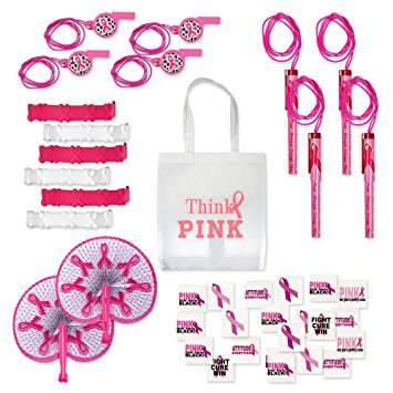 121 Piece Pink Ribbon Favors to Promote Breast Cancer Awareness / Perfect for Fundraising / 12 Pink Ribbon Folding Fans; 12 Pink Ribbon Bracelets; 12 Pink Ribbon Whistles; 72 Breast Cancer Awareness Sassy Glitter Tattoos; 12 Pink Ribbon Rope Pens! With "Think PINK" Tote Bag.