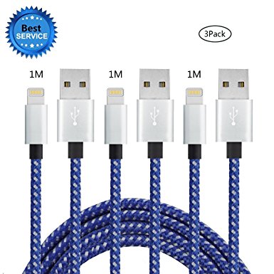 Lightning Cable,SGIN 3PCS 1M 2M 3M Nylon Braided Lightning to USB Sync & Charging Cord for Apple iPhone 7/6s/6 Plus/SE/5s/5/5c, iPad, iPod(Blue White)