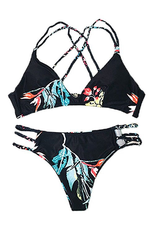 Seaselfie Women’s  Black Leaves Printing Cross at Back Tank Padding Swimsuit Beach Bathing Suit