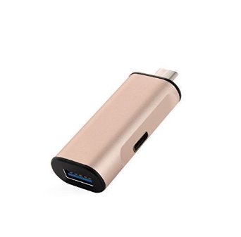 Charge and SYNC SUPRENT USB-C to USB-A HUB  Adapter with Fast Charging Port for USB Type C Devices including the New Macbook Chromebook Pixel and More Gold Aluminum