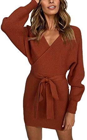 Angashion Women's Sexy V Neck Backless Long Batwing Sleeves Bodycon Dress with Belt