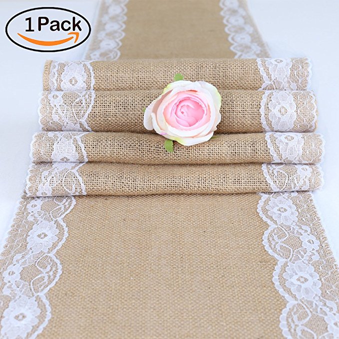 TRLYC Pack of One 12x108-Inch Burlap and Lace Table Runner Country Rustic Barn Wedding Decorations, Farmhouse Kitchen Decor, Baby & Birdal