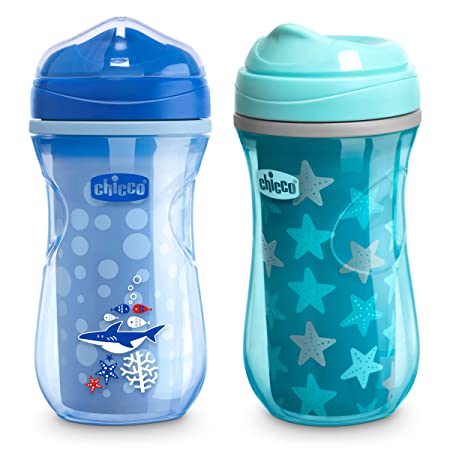 Chicco Insulated Rim Spout Trainer Spill Free Baby Sippy Cup, 12 Months , Teal/Blue, 9 Ounce (Pack of 2)