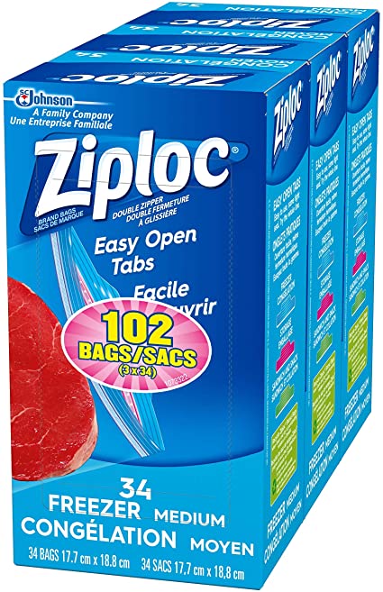 Ziploc Freezer Bags with Double Zipper Seal and Easy Open Tabs, Medium, 102 Count (3x34ct), Value Pack