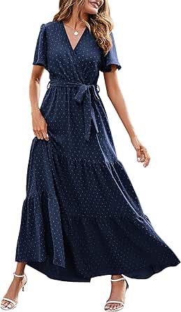 MASCOMODA Womens Boho Swiss Dot Maxi Dresses Wrap V Neck Flutter Short Sleeve Solid Tie Belt A Line Tiered Flowy Long Dresses