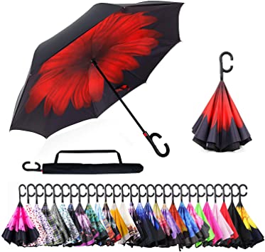 OUTDOOR WIND Double Layer Inverted Umbrella with C-Shaped Handle and Carrying Bag，Anti-UV Waterproof Windproof Straight Umbrella for Car Rain Outdoor Use(Red Flower)