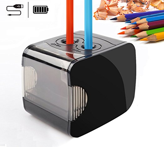 Electric Pencil Sharpeners, Battery & USB Operated, QHUI Heavy Duty 2 Holes Pencil Sharpeners for Kids with Auto Feature, Perfect for No. 2 and Colored Pencils Use at Home, Classroom and Office