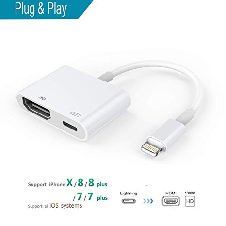 Lightning to HDMI,Lightning to Digital AV Adapter with Lightning Charging Port for HD TV(1080P) Monitor/Projector Compatible iPhone, iPad, iPod Touch, Support iOS 10.3-11.3 or Later