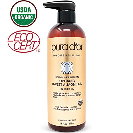 PURA D’OR Organic Sweet Almond Oil (16oz) USDA Certified Organic 100% Pure & Natural Soothing Oil for Skin & Face
