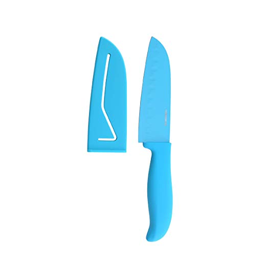 Farberware 5119324 Non-Stick Resin Santoku Knife with Sheath and Contoured Handle, 5-Inch, Blue