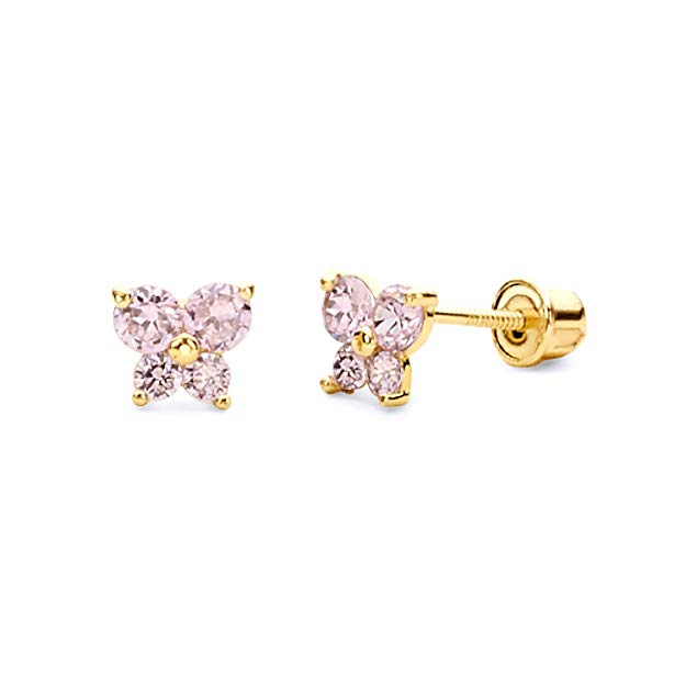 14k Yellow Gold Butterfly Stud Earrings with Screw Back- 12 Different Color Available