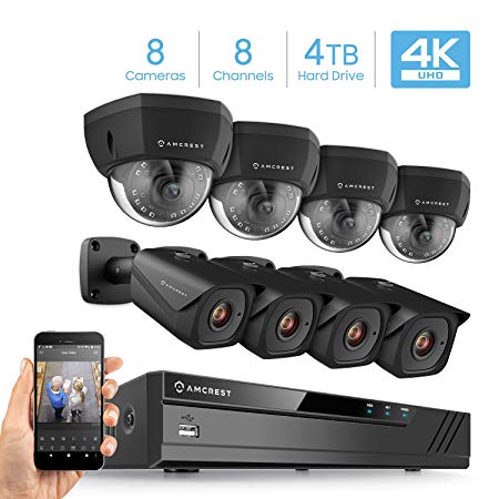 Amcrest 4K 8CH Security Camera System w/ 4K NVR, (8) x 4K (8-Megapixel) IP67 Weatherproof Bullet & Dome POE IP Cameras (3840x2160), 2.8mm Angle Lens, Pre-Installed 4TB HDD, 98ft Nightvision (Black)