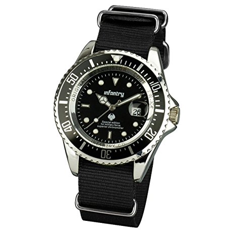 INFANTRY® Mens Analogue Quartz Wrist Watch Date Display Luminous Military Black NATO Strap Rotating Bezel