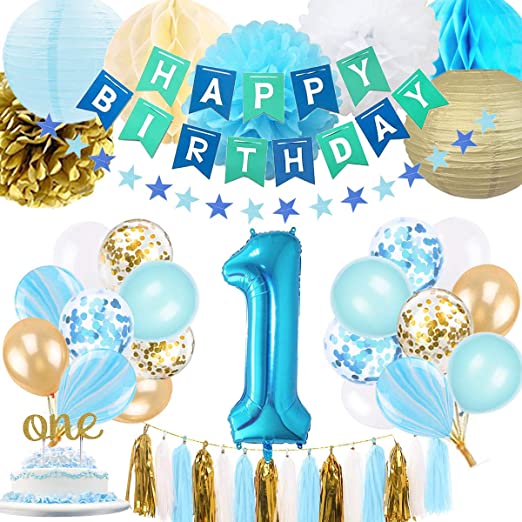 1st Birthday Boy Decoration, Baby Boy First Birthday Decoration with Happy Birthday Banner, Number 1 Birthday Balloons for Blue and Gold Party Supplies Decoration 1st birthday