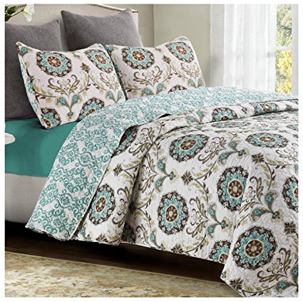 Mikaela Reversible Quilt Set, Contemporary Floral Medallion Pattern, 3-Piece Set with Quilt and Pillow Shams - King, Mikaela