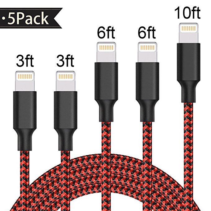 Lightning Cable,Iseason Charger Cables 5Pack 3FTx2 6FTx2 10FT to USB Syncing Data and Nylon Braided Cord Charger for iPhone X/8/8 Plus/7/7 Plus/6/6 Plus/6s/6s Plus/5/5s/5c/SE and more (Black&Red)