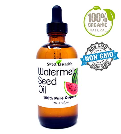 100% Organic Watermelon Seed Oil | Imported From Egypt | Various Sizes | 100% Pure | Cold-Pressed | Natural Moisturizer for Skin, Hair and Face | By Sweet Essentials (4 fl oz Glass Bottle)