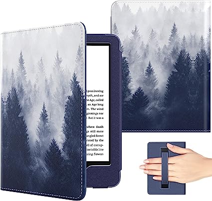 MoKo Case Fits 6" Kindle 11th Gen, 2022 Release/Kindle 10th Gen, 2019/Kindle 8th Gen, 2016, [with Hand Strap] Ultra Lightweight PU Shell Cover with Auto Wake/Sleep for Kindle 11 2022, Gray Forest