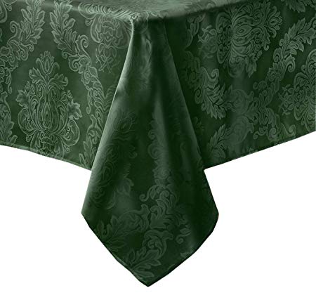 Newbridge Barcelona Luxury Damask Fabric Tablecloth, 100% Polyester, No Iron, Soil Resistant Holiday Tablecloth, 52 Inch x 70 Inch Oblong/Rectangle, Hunter Green