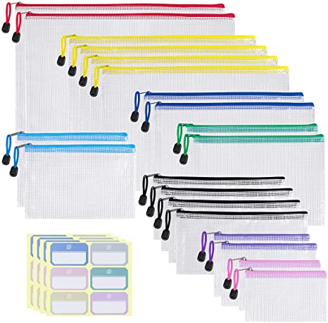 Homeweeks Mesh Zipper Pouch - Waterproof Document Clear Bags - Plastic Zip Pouches File Folders Pencil Pouch Multiple Size for Office School Supplies Cosmetics Travel Storage Organizer 20 Pack 8 Color
